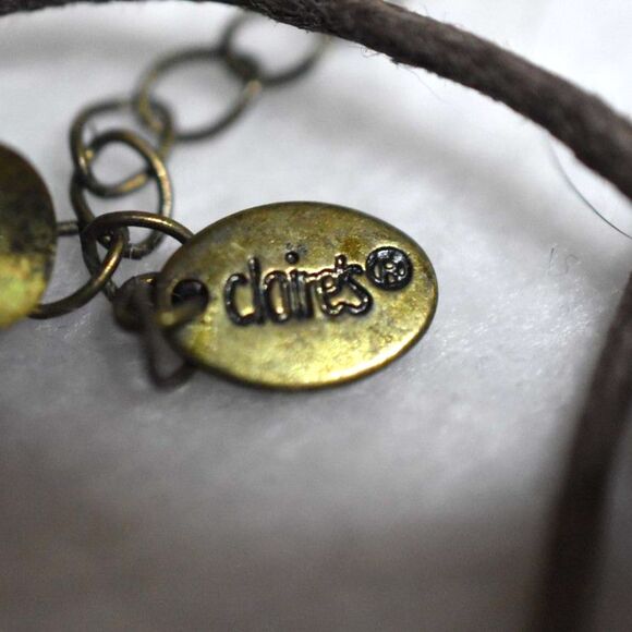 Clair's Brown Leather Brass Tone Rhinestone Accent Flower Choker Necklace - Picture 3 of 3